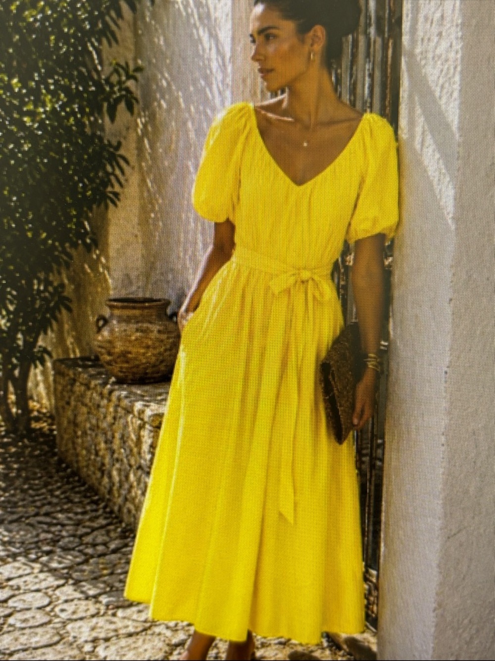 Alex Marie Sunny Yellow Puff-Sleeve Midi Dress